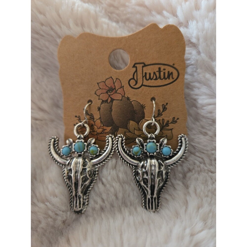 Justin Western Longhorn Steer Skull Faux Turquoise Earrings Southwestern Dangle
